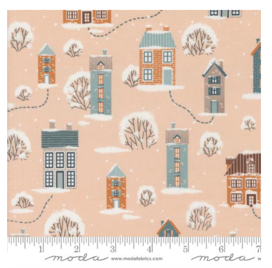 Snowy Town Landscape in Bubblegum -- Purrfect Christmas by Elena Amo for Moda Fabrics