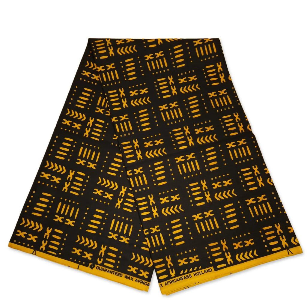 African Black / Yellow Bogolan / Mud Cloth Print Fabric / Cloth (Traditional Mali)-- African Fabs