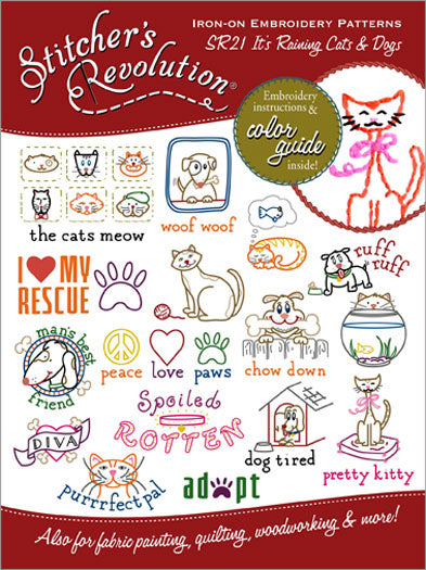 Stitcher's Revolution Raining Cats & Dogs Iron On Transfer Embroidery Pattern