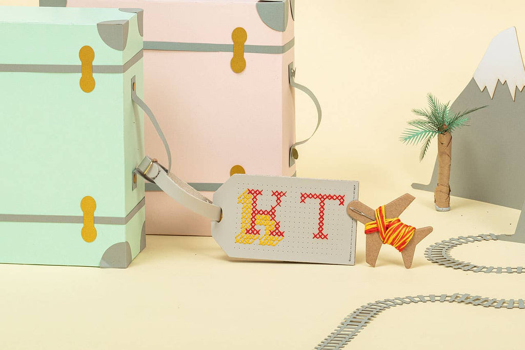DIY Cross Stitch Luggage Tag Kit - Light Grey Vegan leather