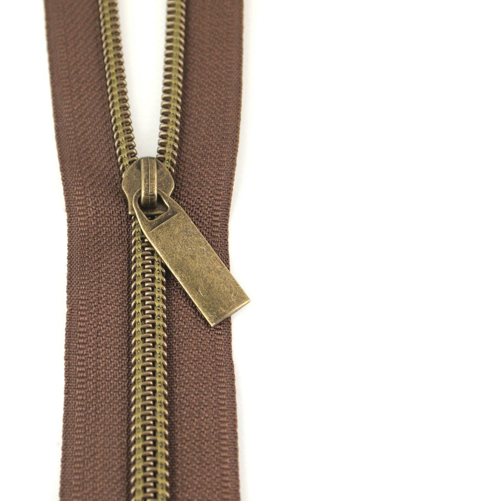 Brown #5 Nylon Coil Zippers: 3 Yards with 9 Pulls