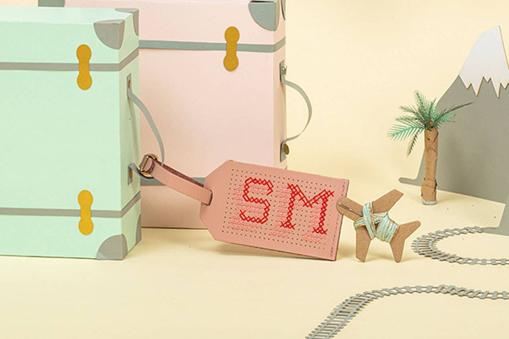 DIY Cross Stitch Luggage Tag kit - Pink with red thread