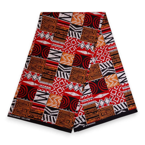 African Print Fabric - Red Bogolan Mosaic - 100% Cotton