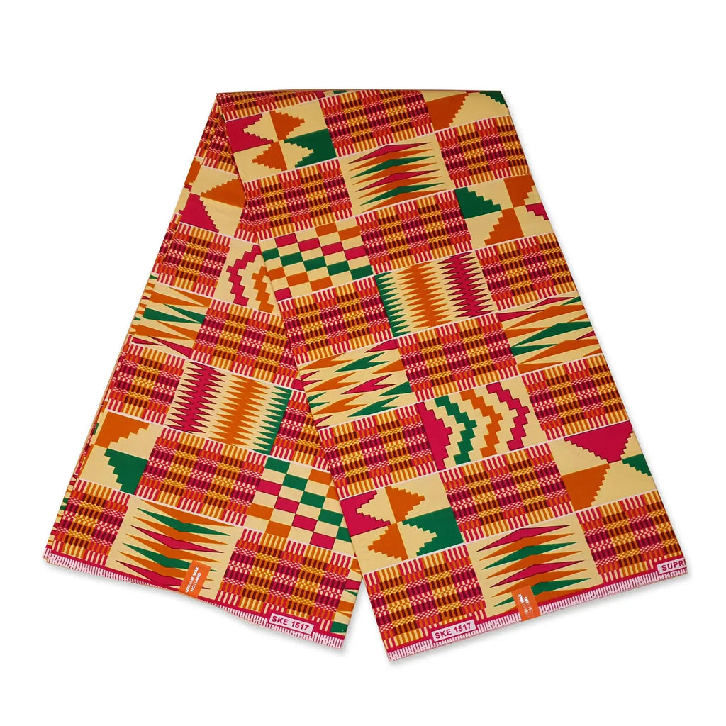 Cotton Fabric - Ethnic Fabric - African Continent Kente Grid Orange Red  Green - 4my3boyz Fabric