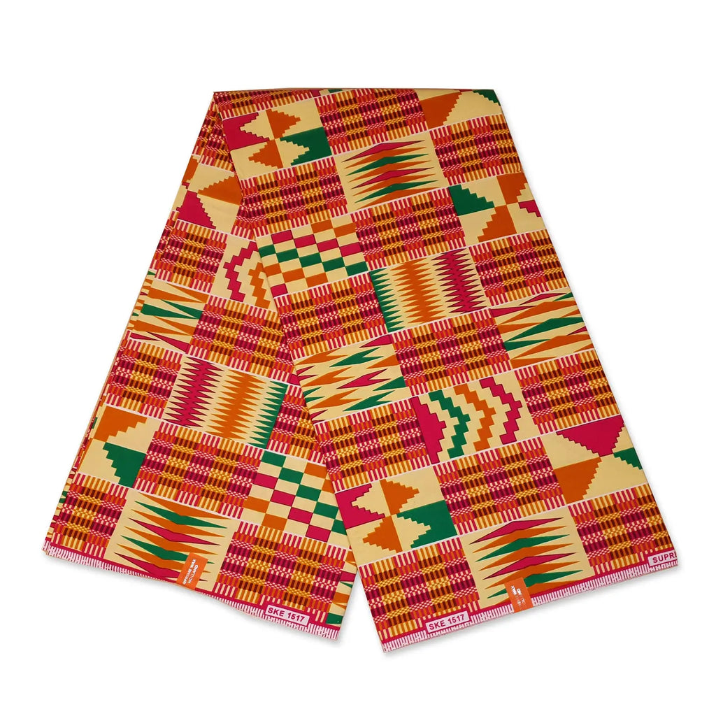 African Orange / Green / Pink Kente Print Fabric Kente Ghana Wax Cloth -- African Fabs