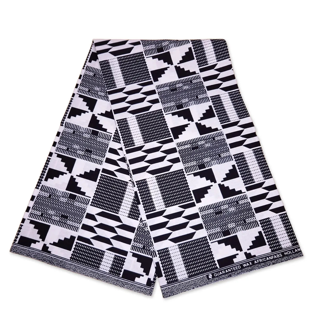 African Black & White Kente Print Fabric Kente Ghana Wax Cloth AF-4043 - 100% Cotton -- African Fabs