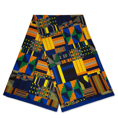 African Blue / Orange Kente Print Fabric Kente Ghana Wax Cloth AF-4027 - 100% Cotton -- African Fabs