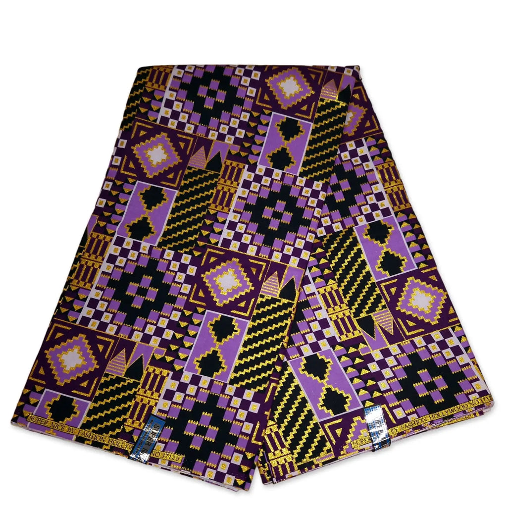 African Print Fabric - Exclusive Embellished Glitter Effects 100% Cotton - KT-3086 Kente Gold Purple