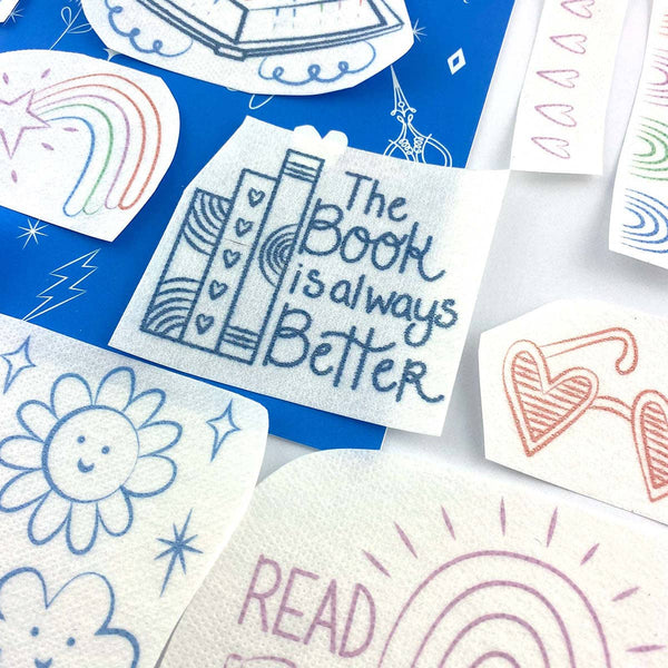 Stick It Stitch It Water Soluble Embroidery Patterns-Cats, Books, Rainbows