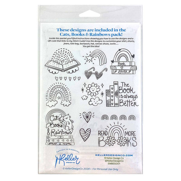 Stick It Stitch It Water Soluble Embroidery Patterns-Cats, Books, Rainbows