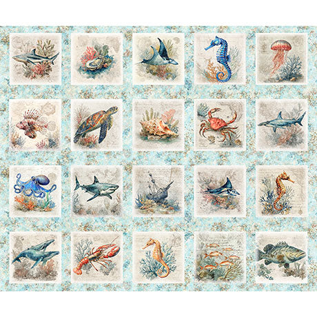 PANEL SEA CREATURES PICTURE PATCHES IN LIGHT AQUA-- NAUTICUS -- QT Fabrics
