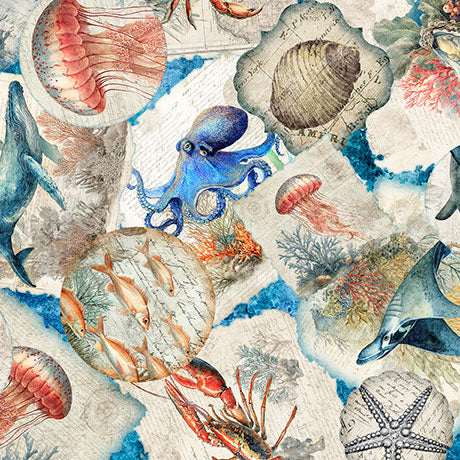 SEA CREATURES OVERLAPPING PATCHES IN OCEAN -- NAUTICUS -- QT Fabrics