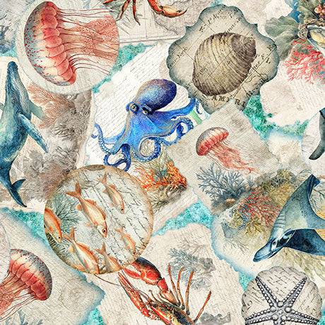 SEA CREATURES OVERLAPPING PATCHES IN AQUA -- NAUTICUS -- QT Fabrics