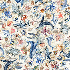 SEA CREATURES IN CREAM -- NAUTICUS -- QT Fabrics
