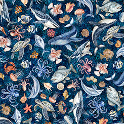 SEA CREATURES IN DARK NAVY -- NAUTICUS -- QT Fabrics