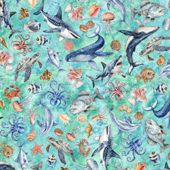 SEA CREATURES IN TURQUOISE -- NAUTICUS -- QT Fabrics