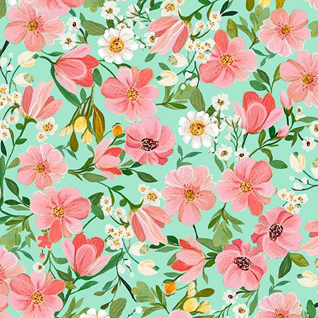 FLORAL in Light Turquoise -- FLORA & THE FOX  -- QT Fabrics
