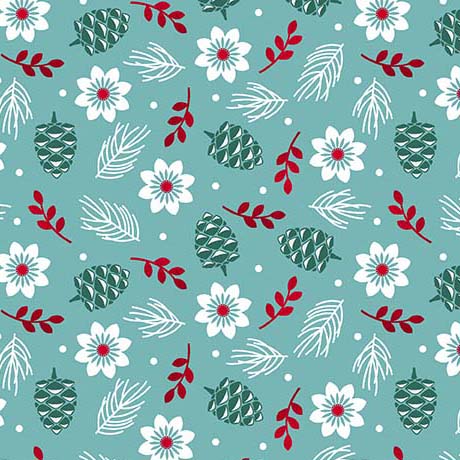 FLOWERS & PINE in TEAL -- 12 DAYS OF CHRISTMAS by Julie Lynch -- QT Fabrics