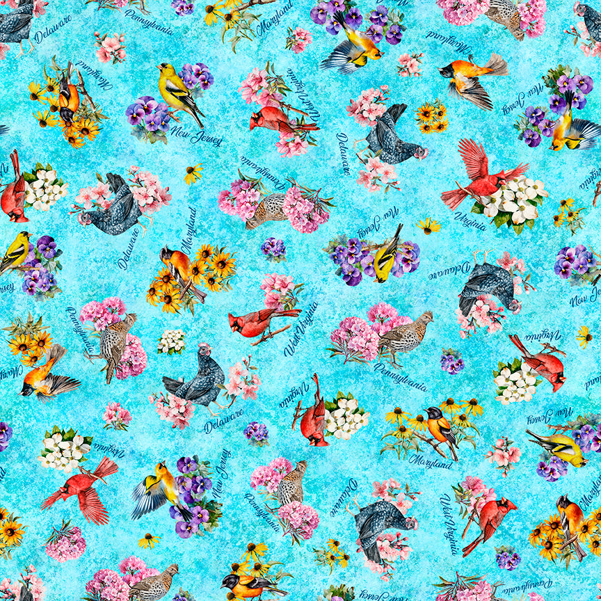 BIRDS & FLOWERS-blue MID ATLANTIC SHOP HOP 2026 -- All Mid-Atlantic Shop Hop Exclusive Fabric -- QT Fabrics (PREORDER)