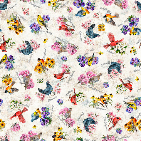 BIRDS & FLOWERS-oatmeal MID ATLANTIC SHOP HOP 2026 -- All Mid-Atlantic Shop Hop Exclusive Fabric -- QT Fabrics (PREORDER)