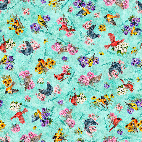 BIRDS & FLOWERS-turquoise MID ATLANTIC SHOP HOP 2026 -- All Mid-Atlantic Shop Hop Exclusive Fabric -- QT Fabrics (PREORDER)