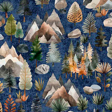 Pleistocene Landscape in Navy -- TERRORS OF THE PLEISTOCENE -- QT Fabrics