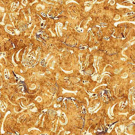Fossil Bed in Honey -- TERRORS OF THE PLEISTOCENE -- QT Fabrics
