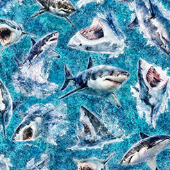 Great Whites in Turquoise  -- INTO THE DEEP -- QT Fabrics