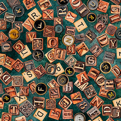 Letters in Teal -- Book Club -- QT Fabrics