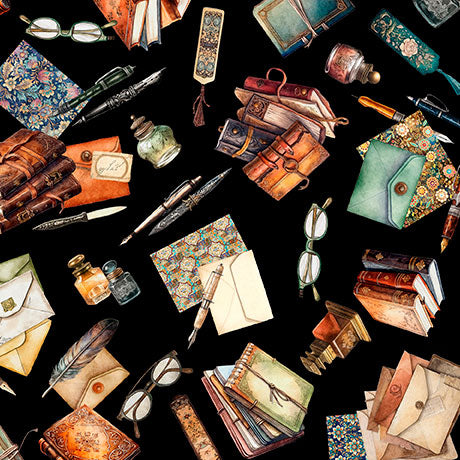 Letter Vignettes in Black -- Book Club -- QT Fabrics
