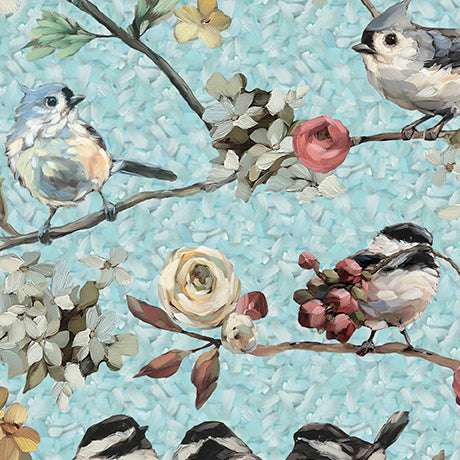 Chickadees on Floral Branches -- DAISIES AND THE CHICKADEE -- QT Fabrics