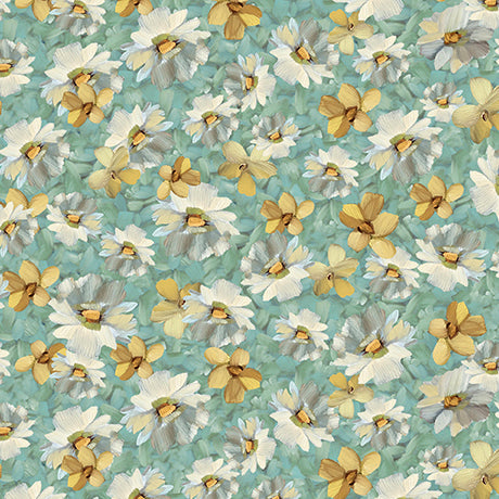 Daisies in Aqua -- DAISIES AND THE CHICKADEE -- QT Fabrics