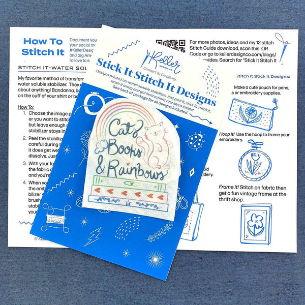 Stick It Stitch It Water Soluble Embroidery Patterns-Cats, Books, Rainbows