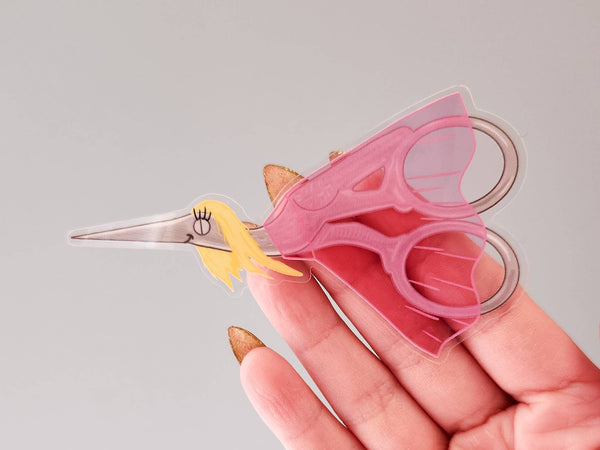 Miss Stork Embroidery Scissors Clear Sticker, 4 x 2.3 in