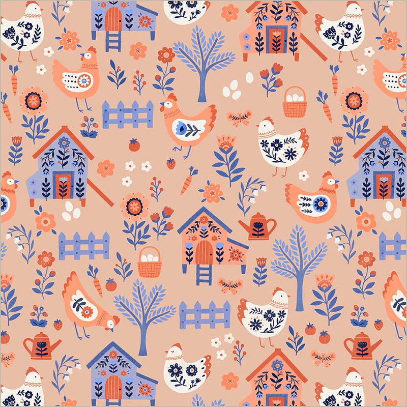 Chicken Co-op in Peach --- Folky Chicken by Natalie Briscoe --- Windham Fabrics