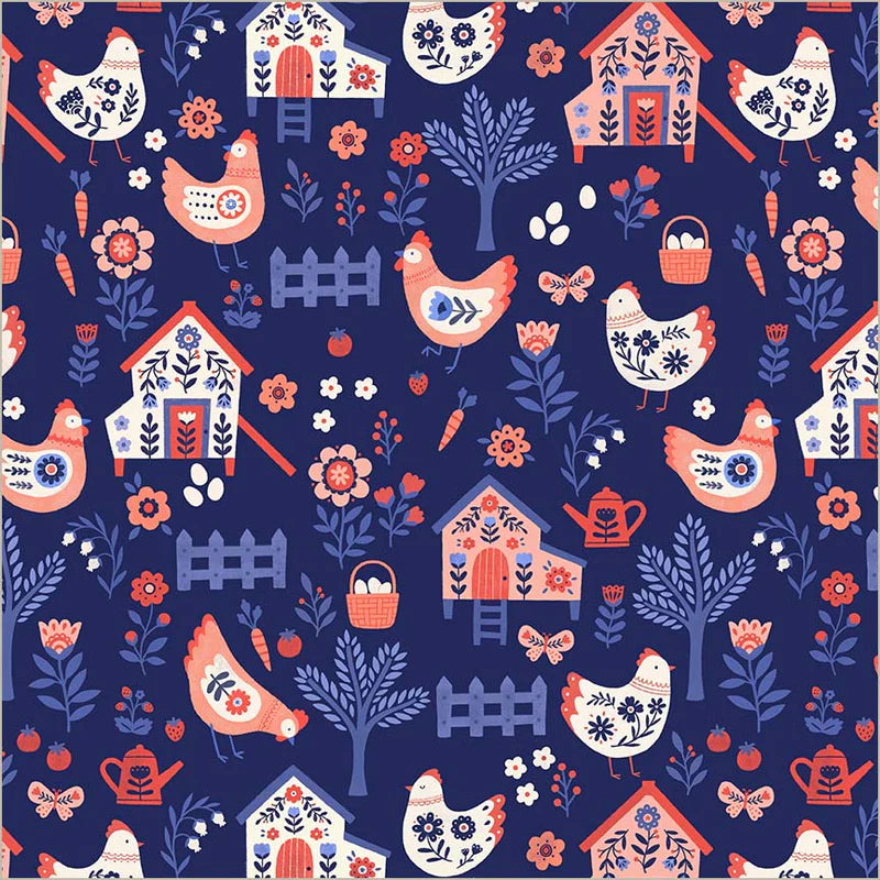 Chicken Co-op in Indigo --- Folky Chicken by Natalie Briscoe --- Windham Fabrics