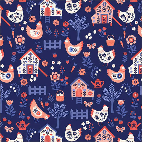 Chicken Co-op in Indigo --- Folky Chicken by Natalie Briscoe --- Windham Fabrics