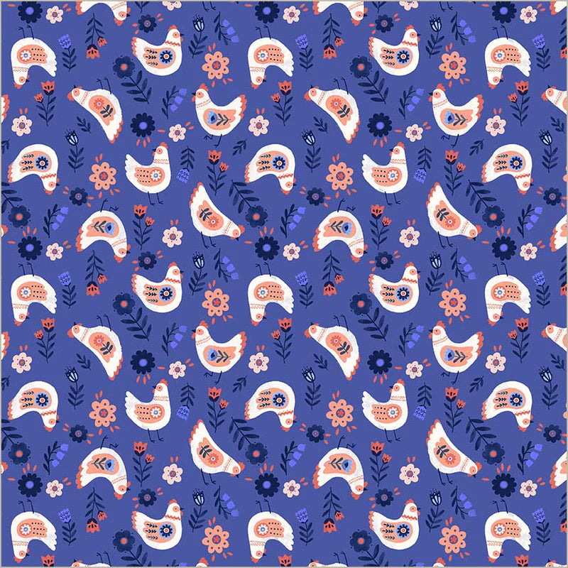 Cluck Cluck Cluck in Royal --- Folky Chicken by Natalie Briscoe --- Windham Fabrics