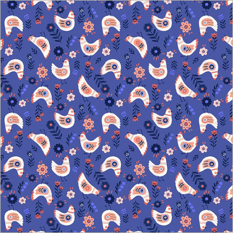 Cluck Cluck Cluck in Royal --- Folky Chicken by Natalie Briscoe --- Windham Fabrics