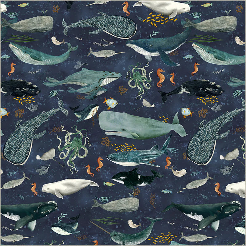 Creatures of the Sea in Deep Blue -- Deep Blue by Katherine Quinn -- Windham Fabrics