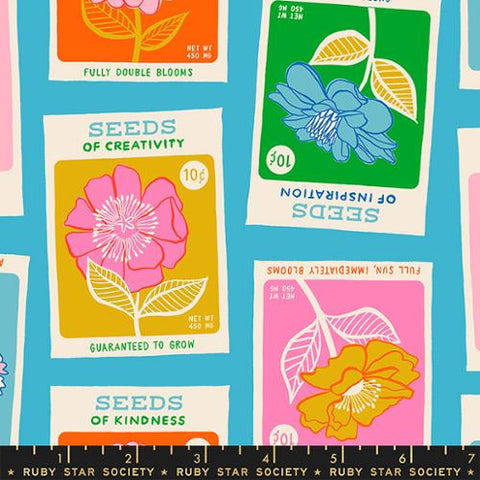 Seed Packets in Summer Sky ---  Flowerland by Melody Miller for Ruby Star Society -- Moda Fabric