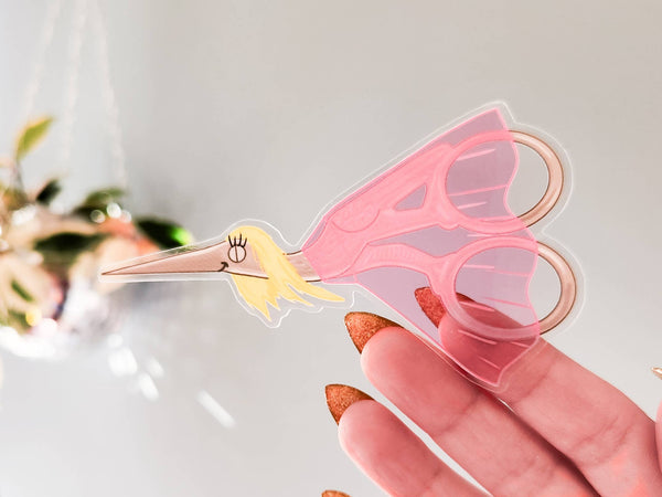 Miss Stork Embroidery Scissors Clear Sticker, 4 x 2.3 in