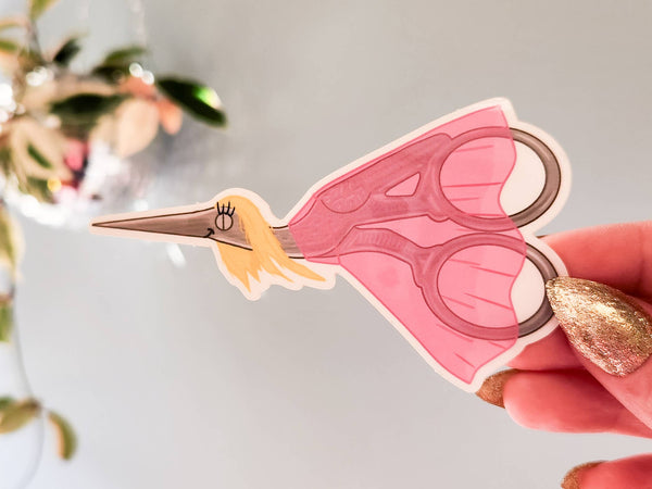 Miss Stork Embroidery Scissors Clear Sticker, 4 x 2.3 in