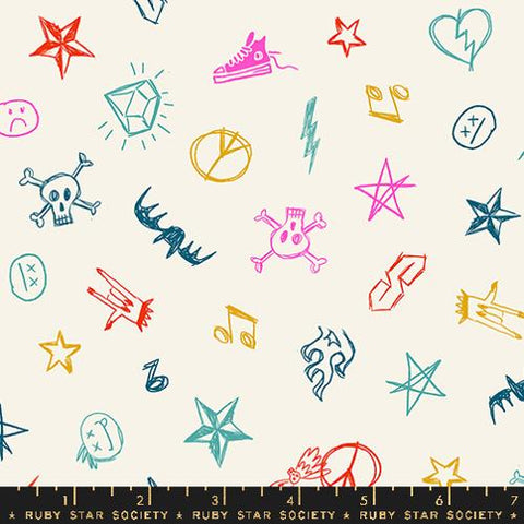 Groupie Doodles in Buttercream -- Teddy And The Bears --  Sarah Watts for Ruby Star Society -- Moda Fabrics