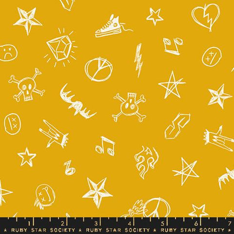 Groupie Doodles in Goldenrod -- Teddy And The Bears --  Sarah Watts for Ruby Star Society -- Moda Fabrics