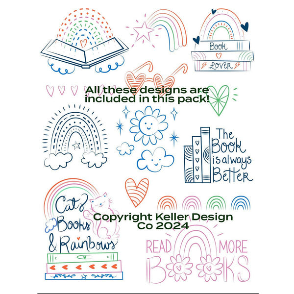 Stick It Stitch It Water Soluble Embroidery Patterns-Cats, Books, Rainbows
