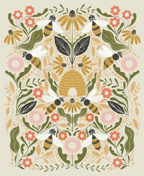 Bee Garden Panel 36" x 44" in Metallic Porcelain -- Bee Garden by Gingiber -- Moda Fabrics
