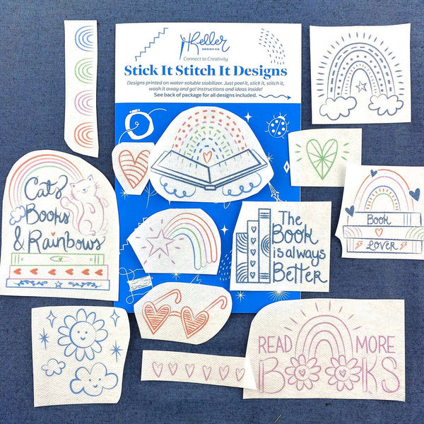 Stick It Stitch It Water Soluble Embroidery Patterns-Cats, Books, Rainbows