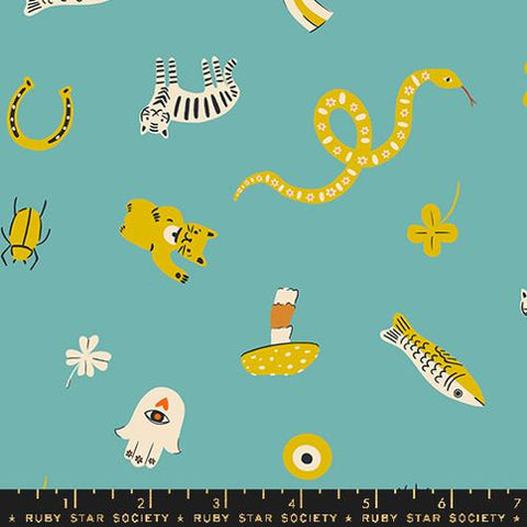 Good Luck Novelty in Turquoise  --  Ooh Lucky Lucky by Alexia Abegg for Ruby Star Society -- Moda Fabrics