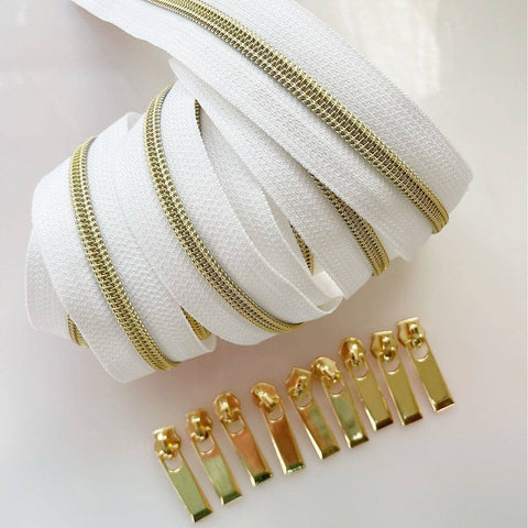 White Gold Nylon Coil Zipper Tape - 3 Yards with 9 Pulls